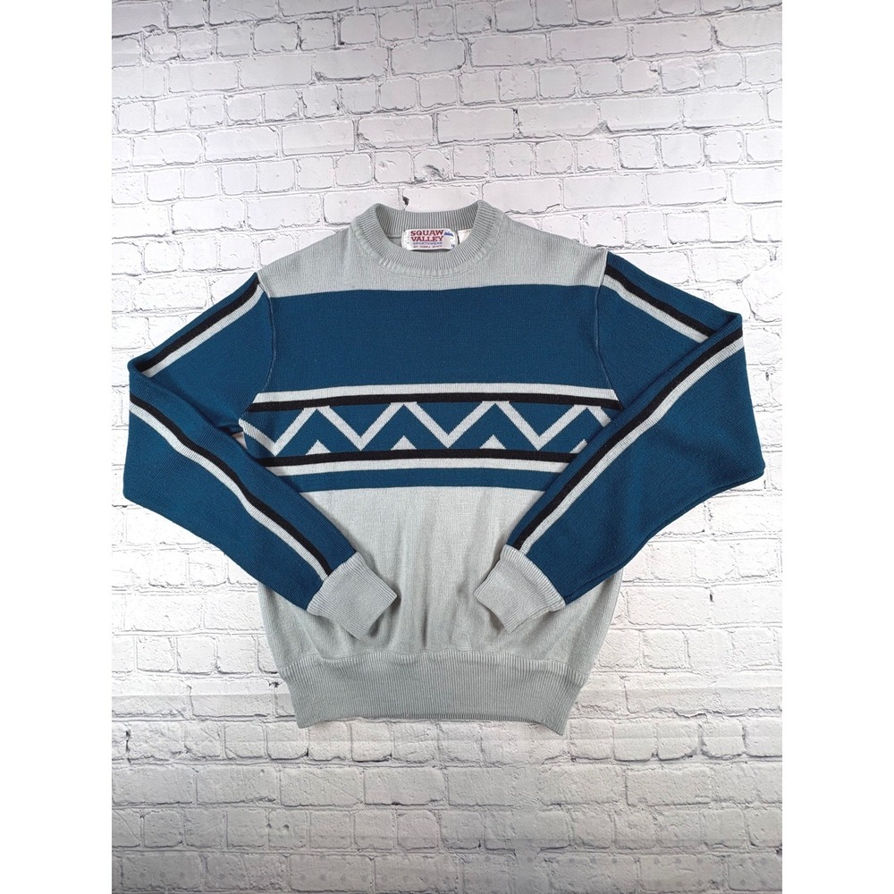 Squaw Valley Sportswear Sweater Mens M Blue Grey Vintage 80s Ski Geometric Knit